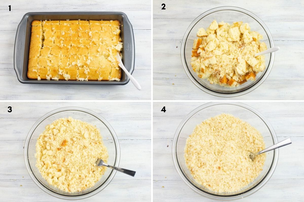 4 image collage of how to crumble a cake.