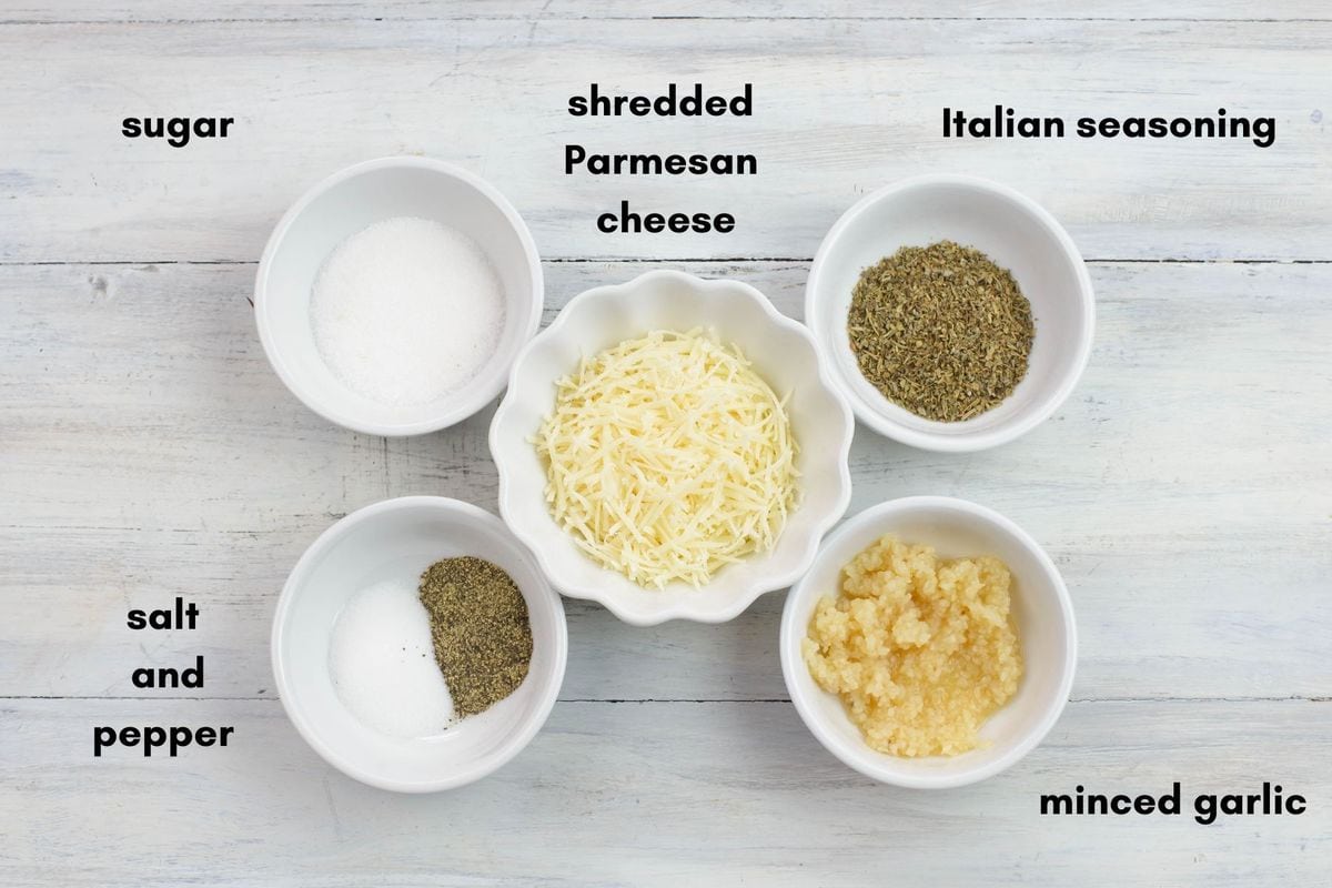 Easy pasta recipe ingredients in individual bowls.