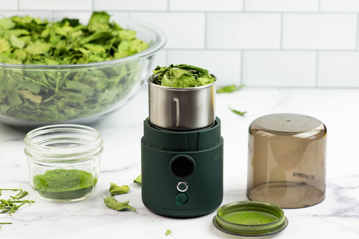 Grinding dried spinach leaves in a herb and spice grinder.