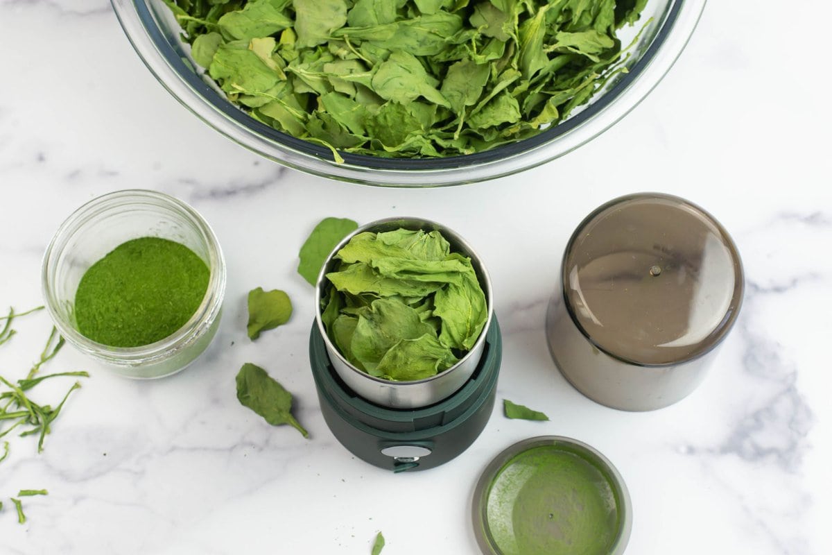 Over head image of a spice grinder packed with dried spinach leaves with a bowl of spinach leaves in the background.