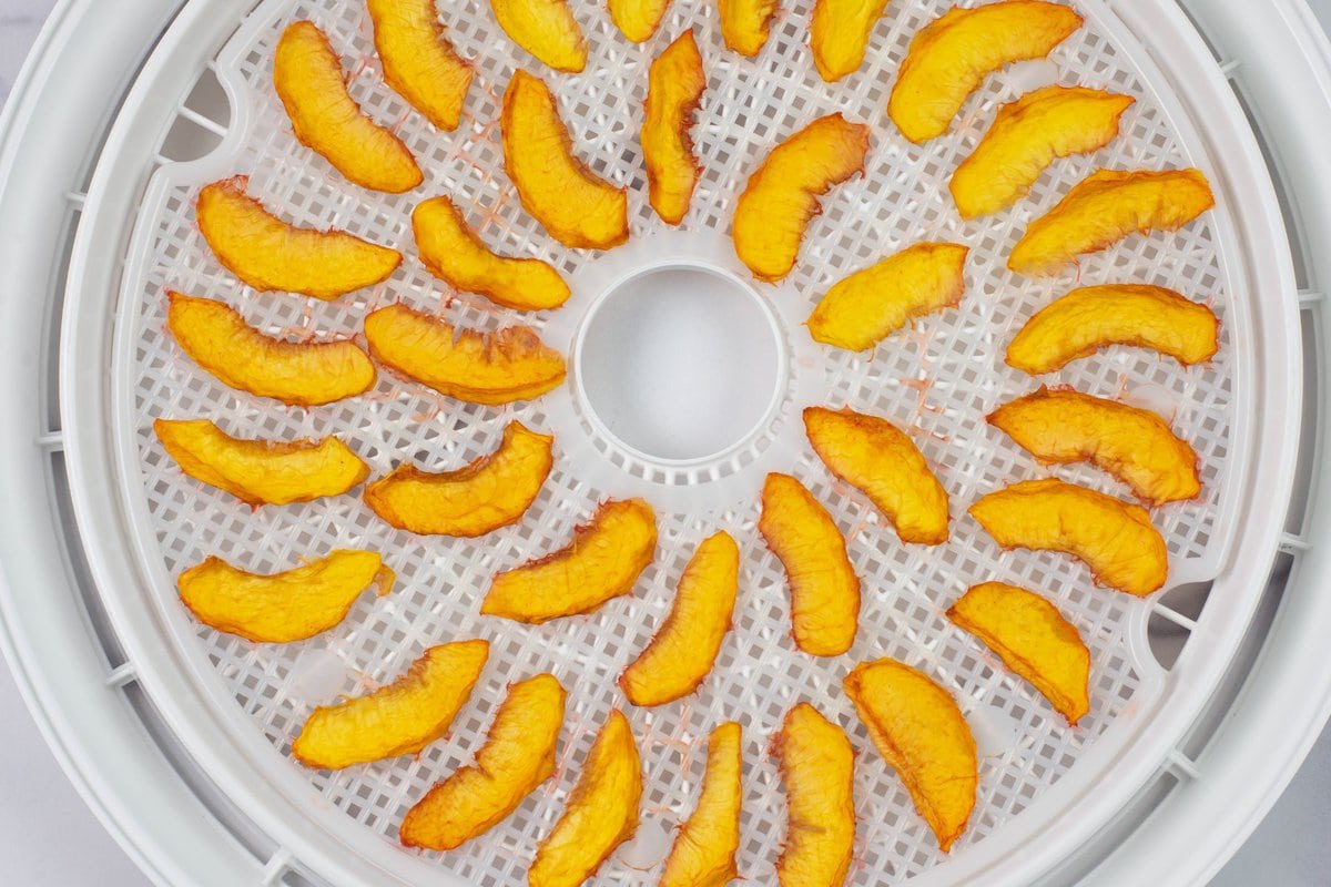 Dehydrated peach slices on a round tray.