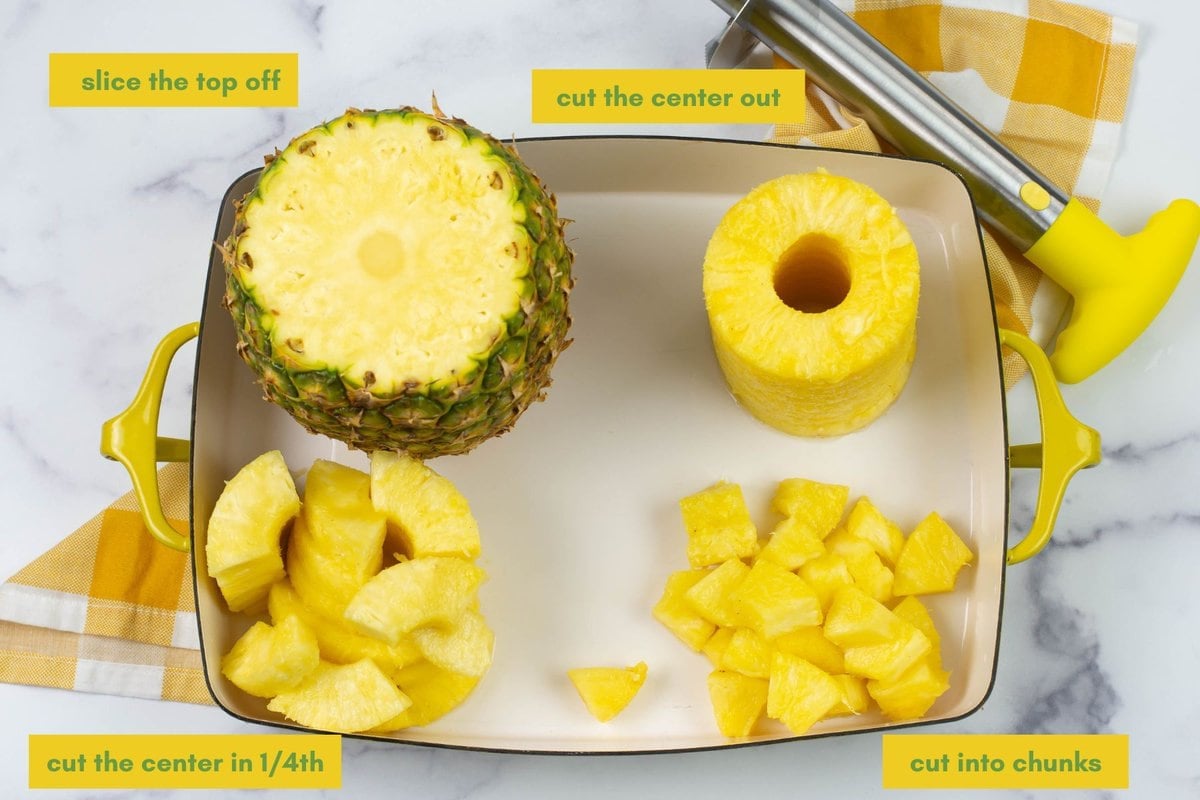 4 steps of cutting pineapple into chunks using a pineapple corer.