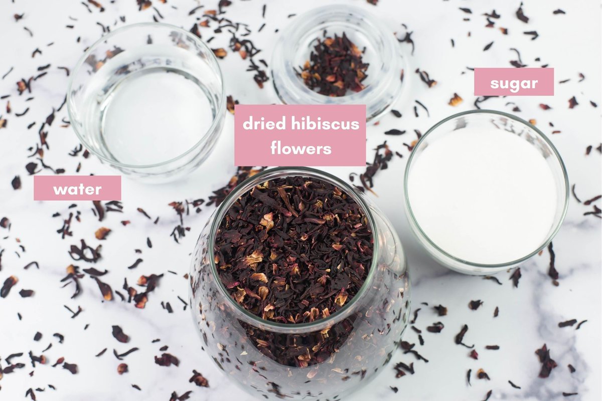 Hibiscus simple syrup ingredients in bowls.