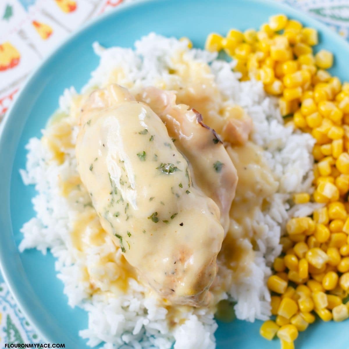 A boneless chicken breast smothered in white gravy on a bed of white rice.