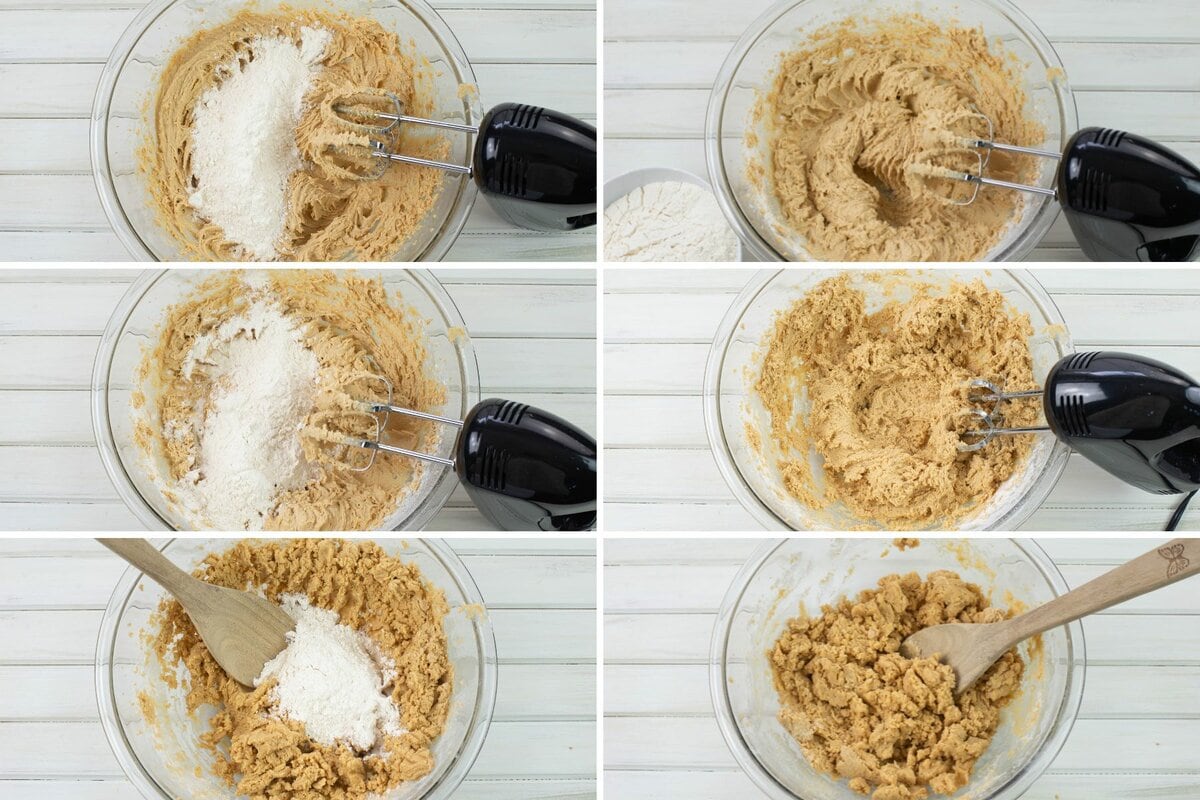 6 step by step photo collage showing how to beat flour into batter.