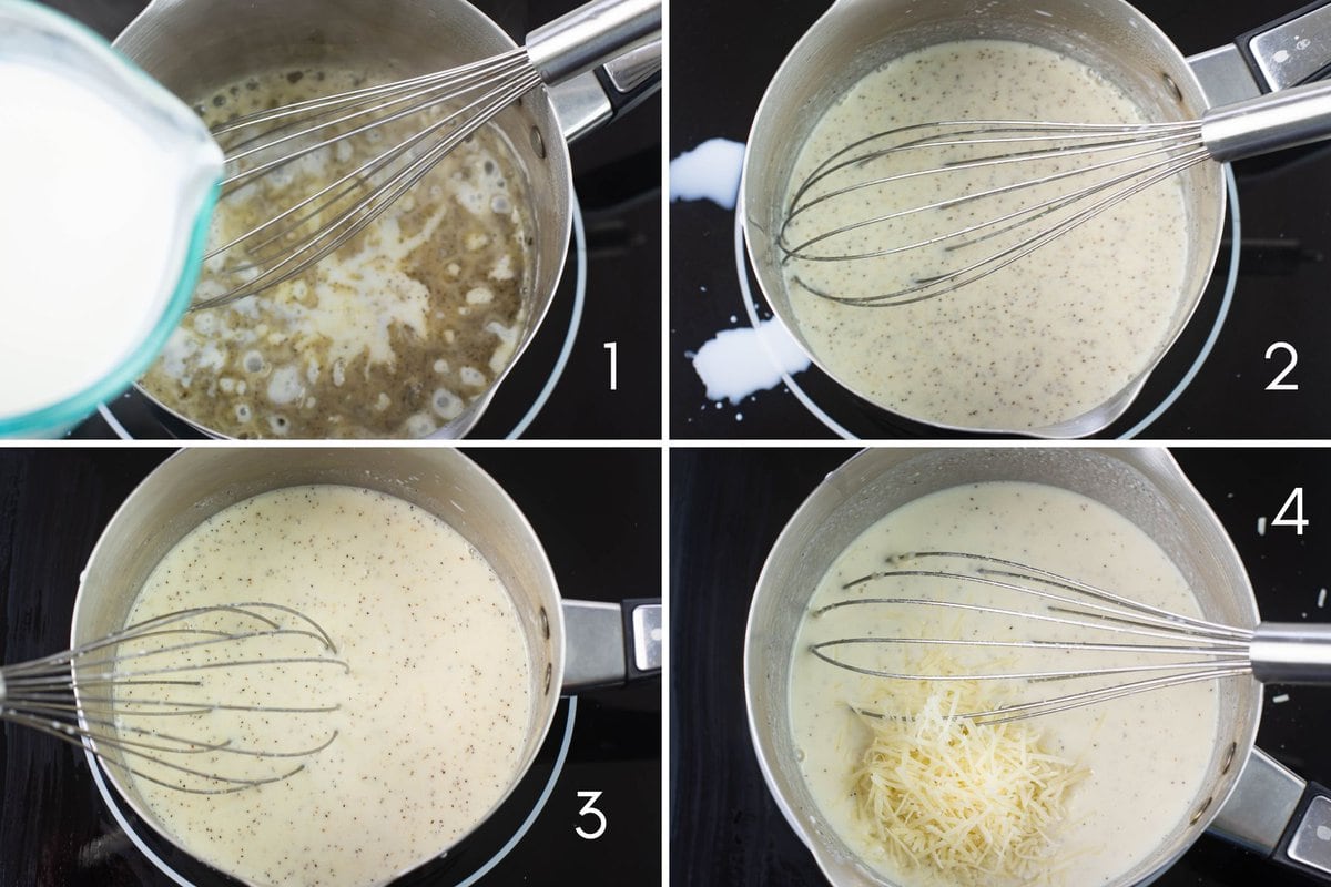 4 images of the steps to mix and cook homemade alfredo sauce.