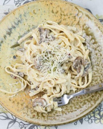 Mushroom Alfredo with milk served over cooked fettucinne noodles on a brown clay dinner plate.