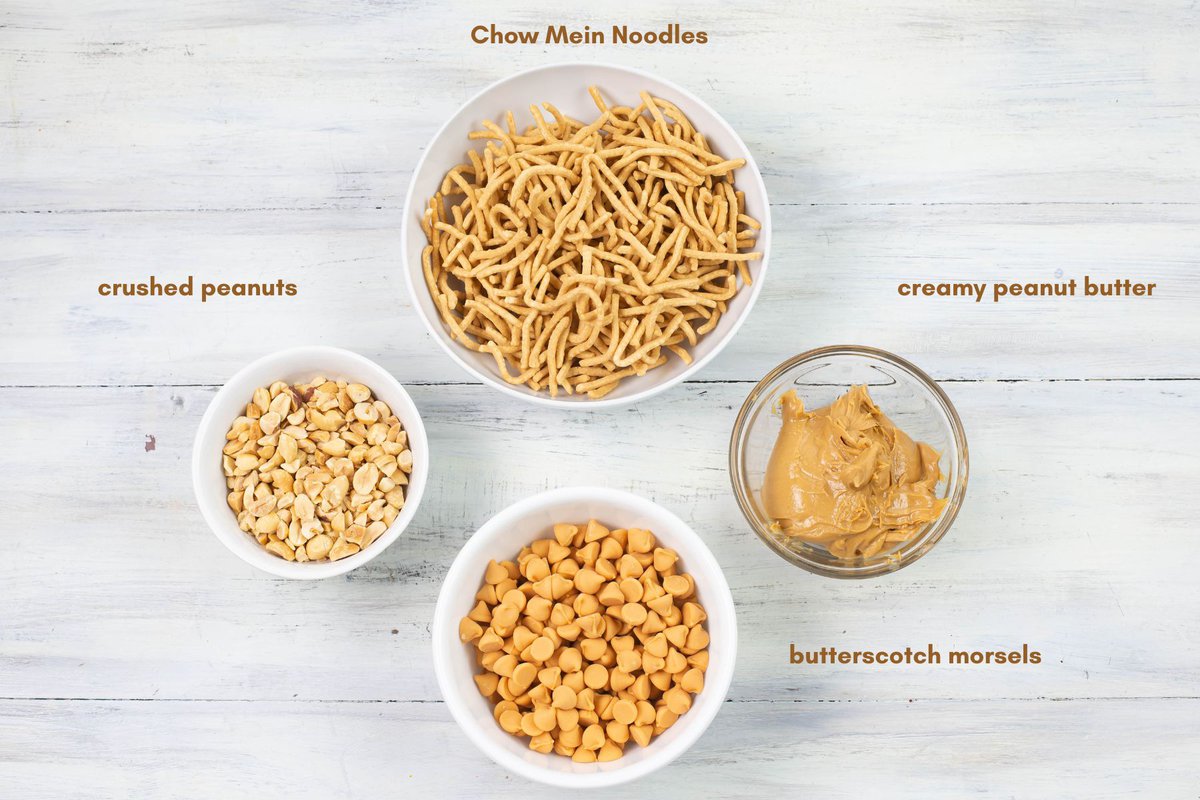 Four ingredients needed to make Haystack cookies in individual bowls.
