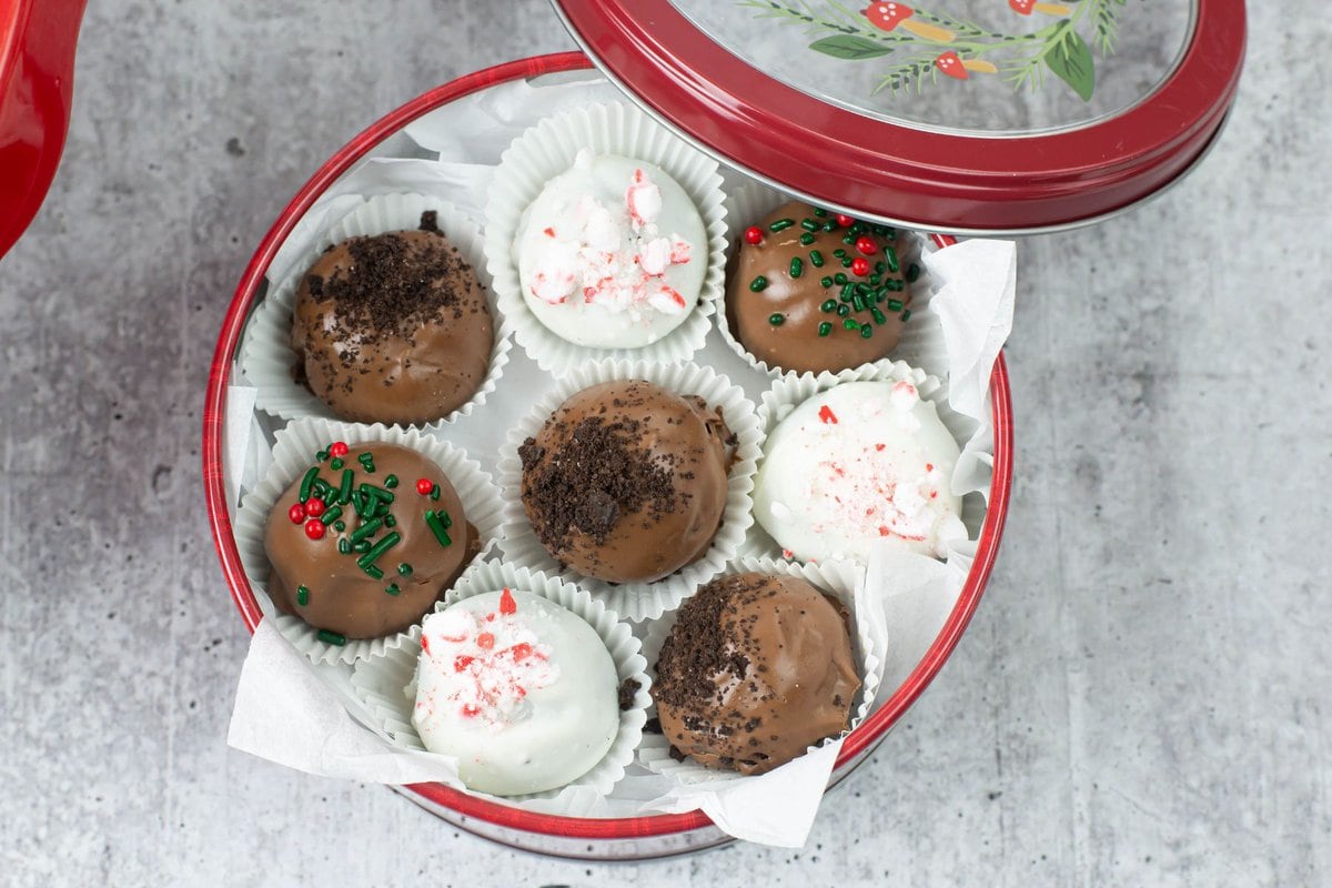 Christmas Truffles in a holiday tin.