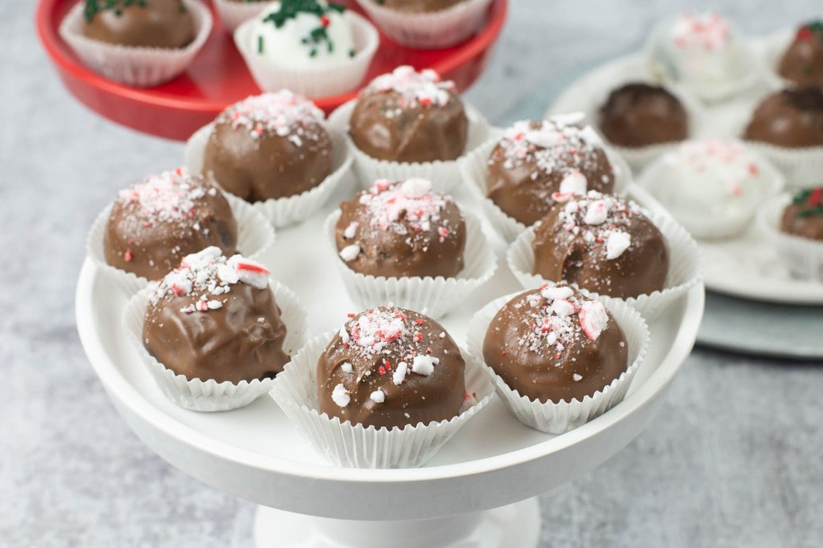 Peppermint Truffles on a white cake stand.