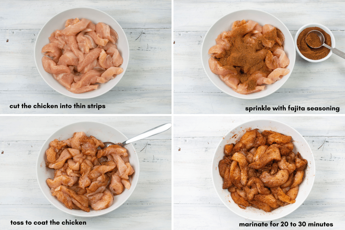 Images showing the four steps of marinating chicken to make fajitas.  