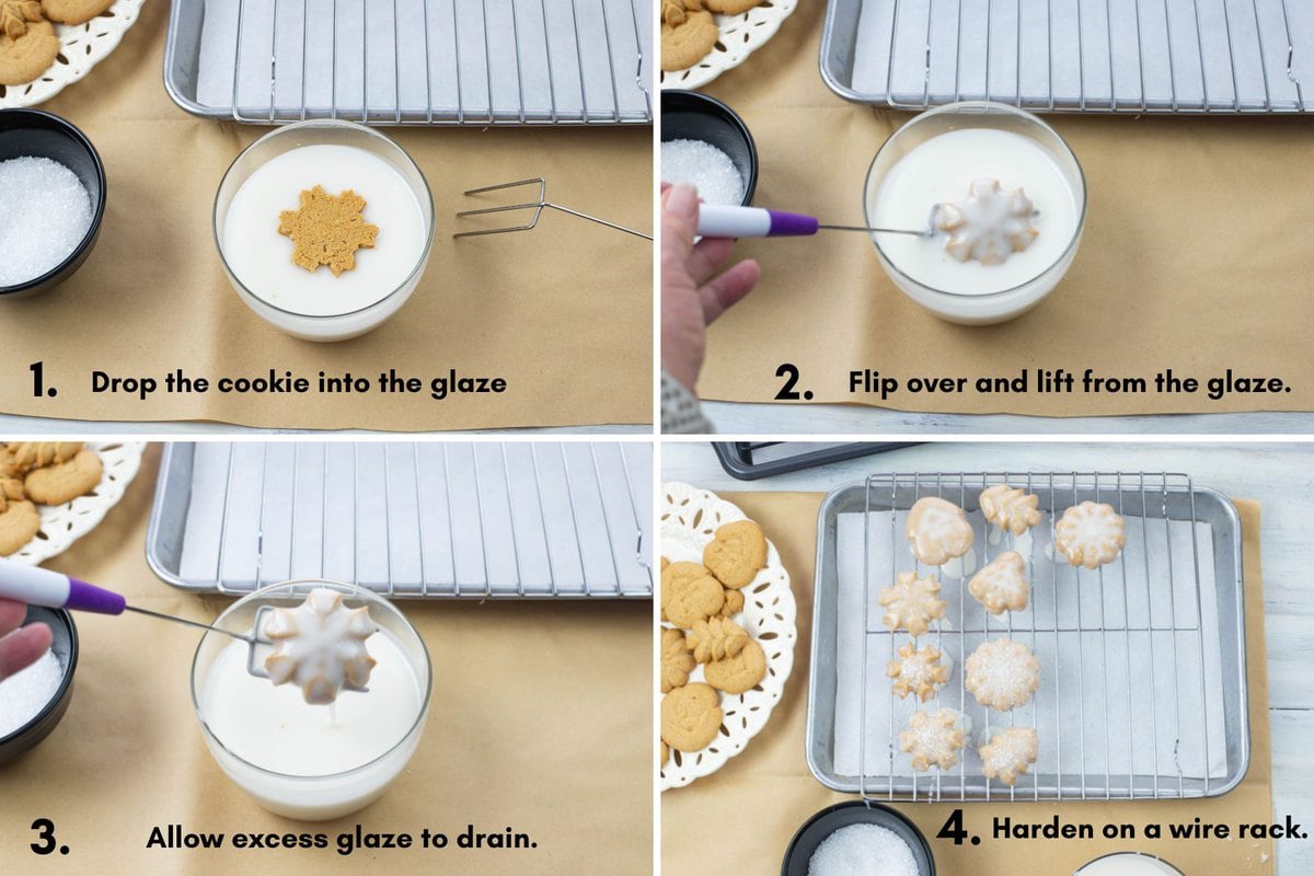 4 image collage showing the step by step directions to making glazed gingerbread cookies.