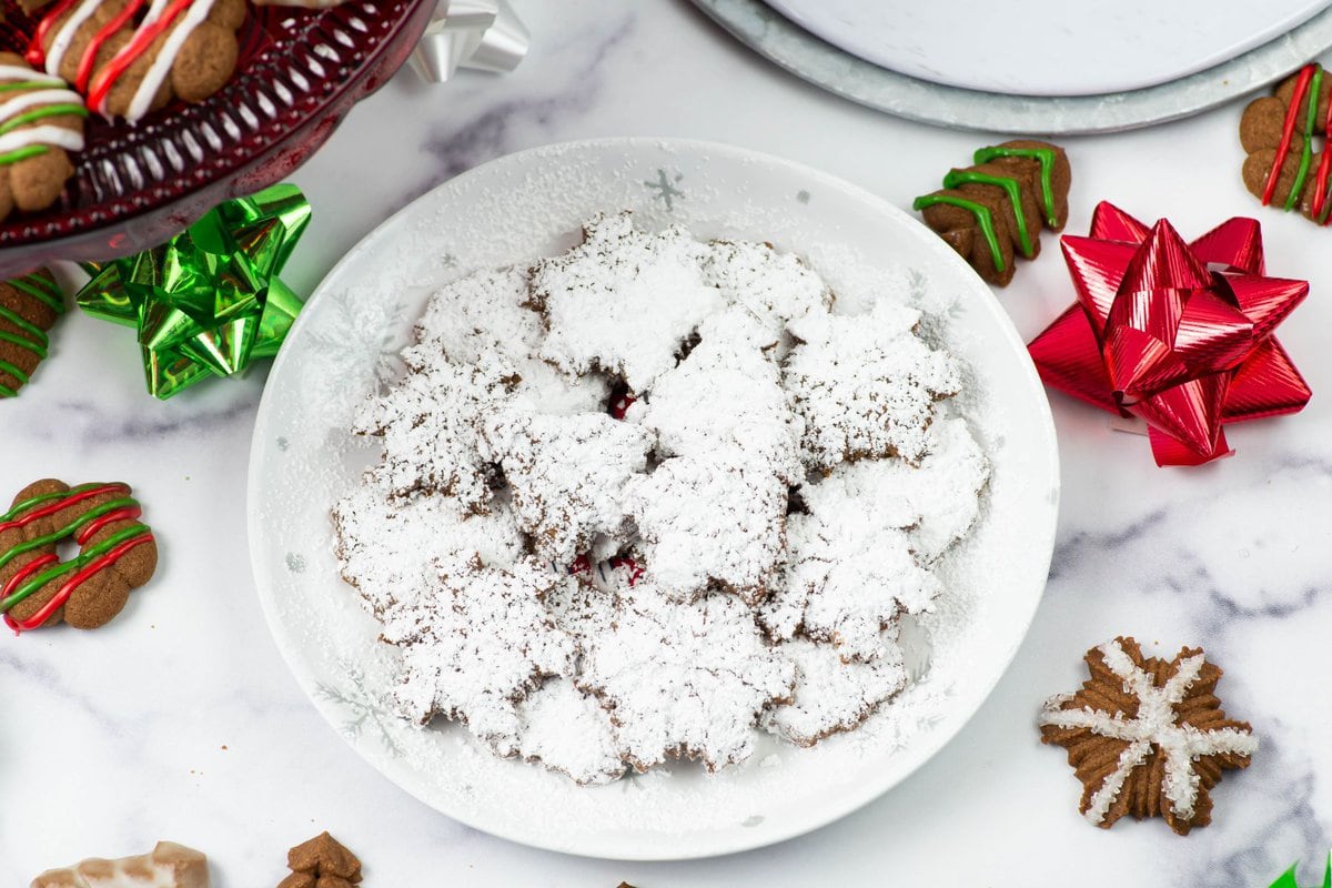 Cookies dusted with powdered sugar on a holiday plate.