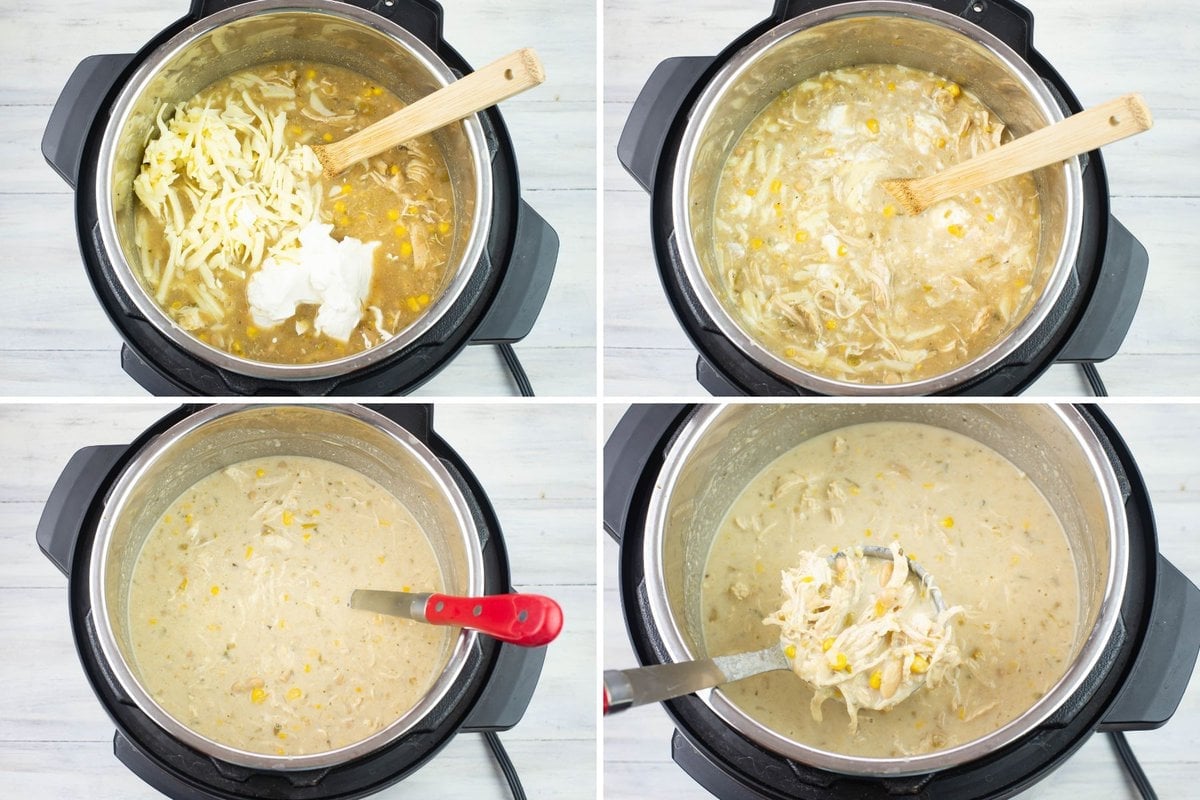 Mixing shredded cheese and sour cream into cheesy chicken chili.