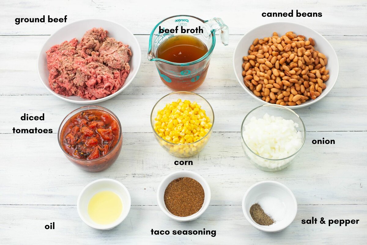 The measured ingredients to make taco soup in individual bowls. 