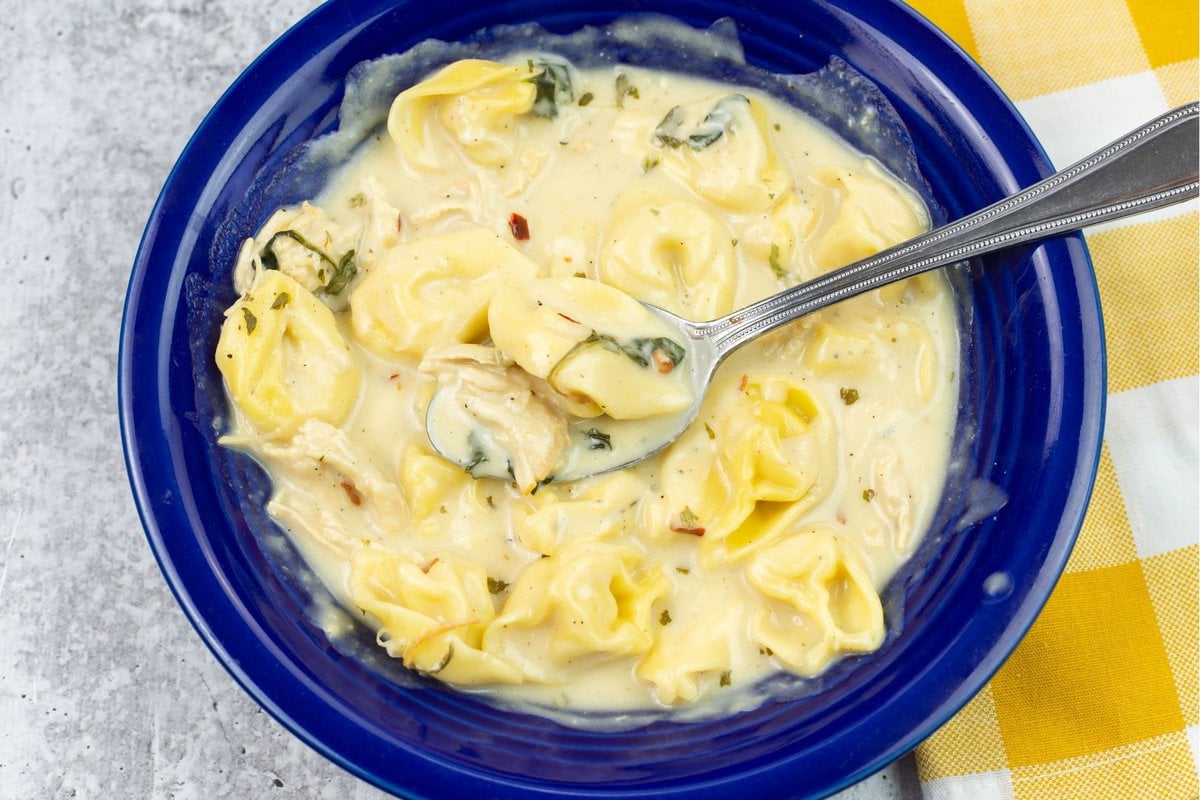 Closeup image of chicken Tortellini Alfredo Soup in a blue bowl with a spoon scooping a bite.