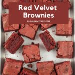Long vertical Pin image of 16 red velvet brownies on a aluminum baking pan.