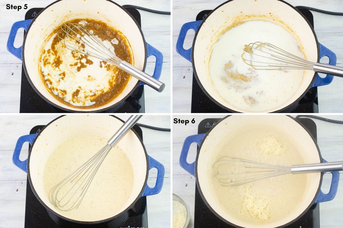 4  photo collage of the steps mixing in the milk and Parmesan cheese to the homemade Alfredo sauce.
