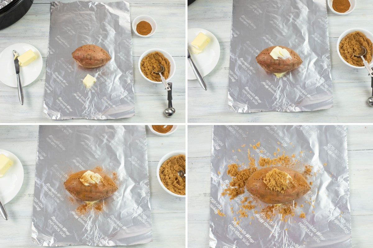 Four image collage of the steps to seasoning baked sweet potatoes with cinnamon and brown sugar.