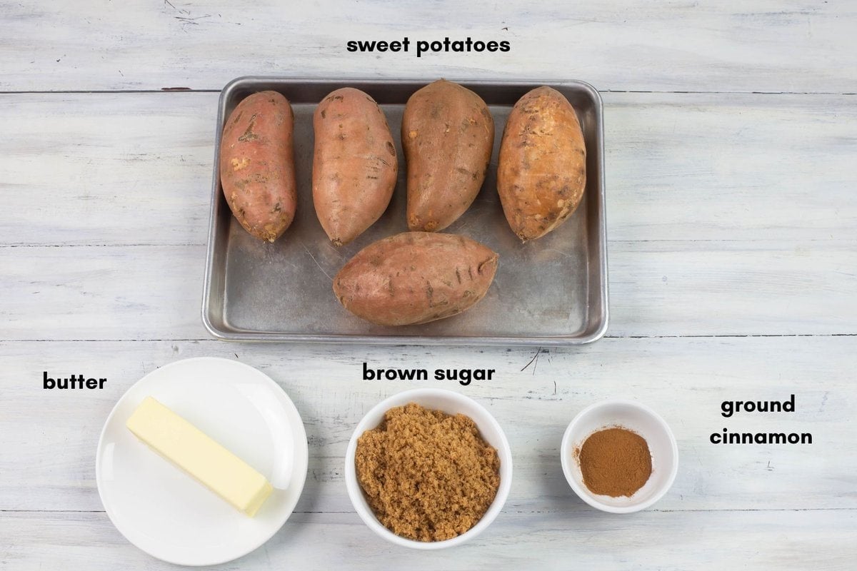 Crock Pot baked sweet potatoes ingredients arrange on a table top.