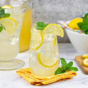 A glass of homemade lemonade made with homemade Lemonade concentrate.