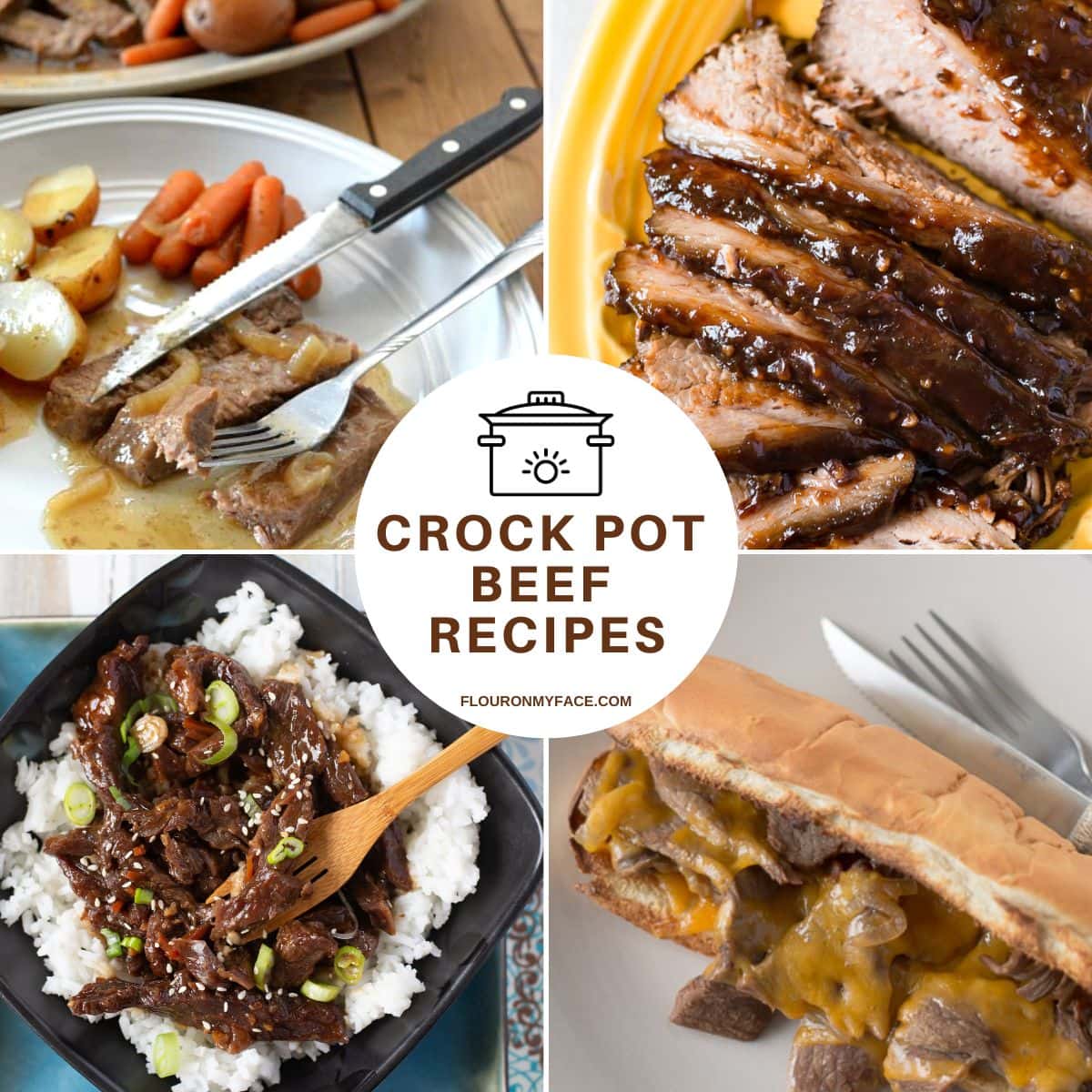 A collage of 4 crock pot beef recipes.