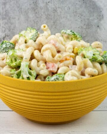 Buttermilk Ranch Medley Pasta Salad in a large gold serving bowl.