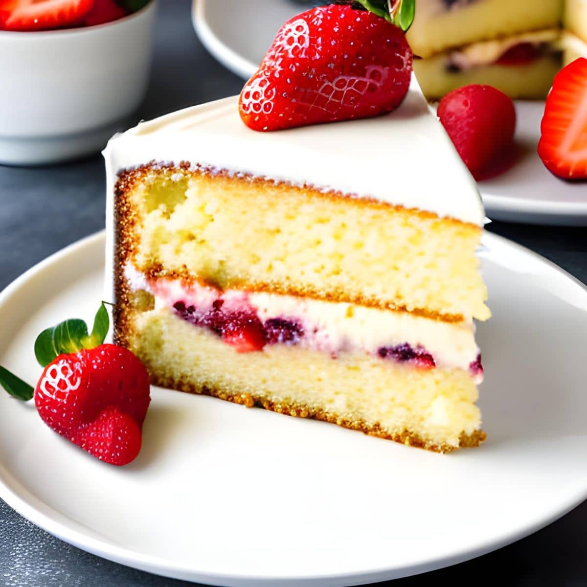 A slice of vanilla cake with strawberry sauce filling between the layers.