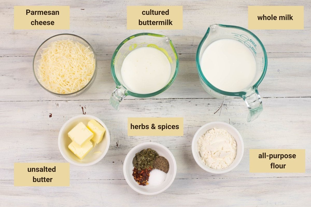 Buttermilk Alfredo Sauce ingredients measured out and in small bowls.