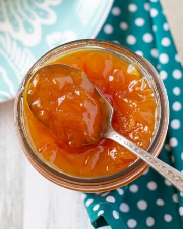 Jar of Peach Marmalade Canning recipes with a spoon resting on the lip of the jar.
