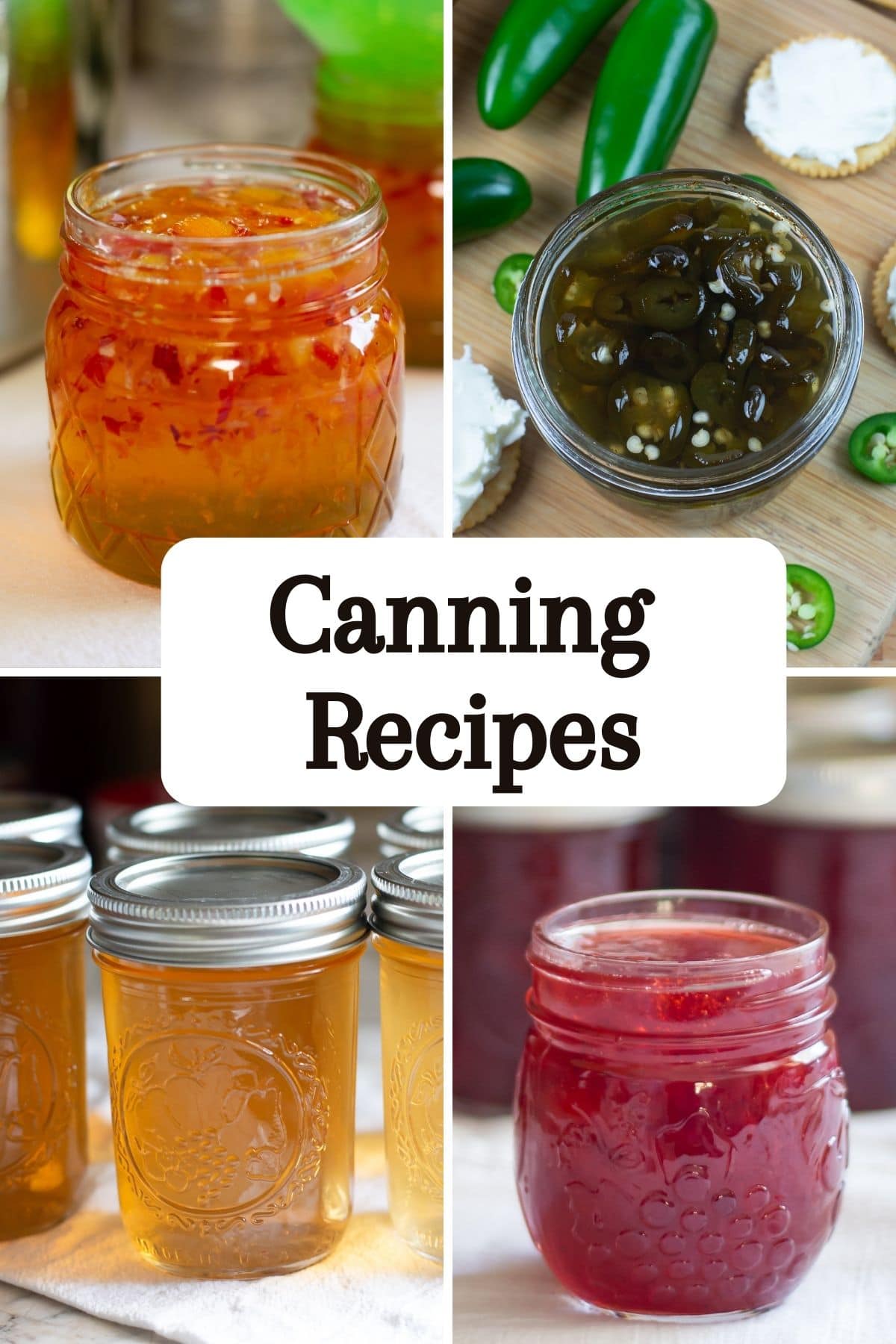 4 photo collage of four canning recipes.