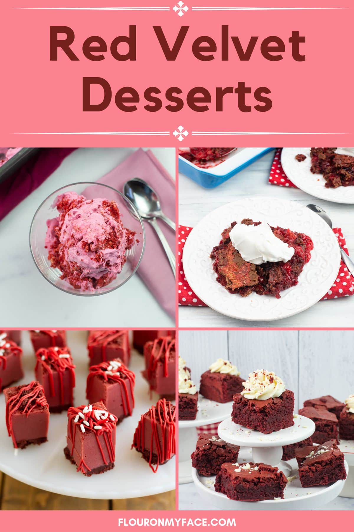 Long vertical image of 4 red velvet desserts.