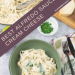 Rich Alfredo Sauce made with cream cheese in a bowl with a skillet in the background.