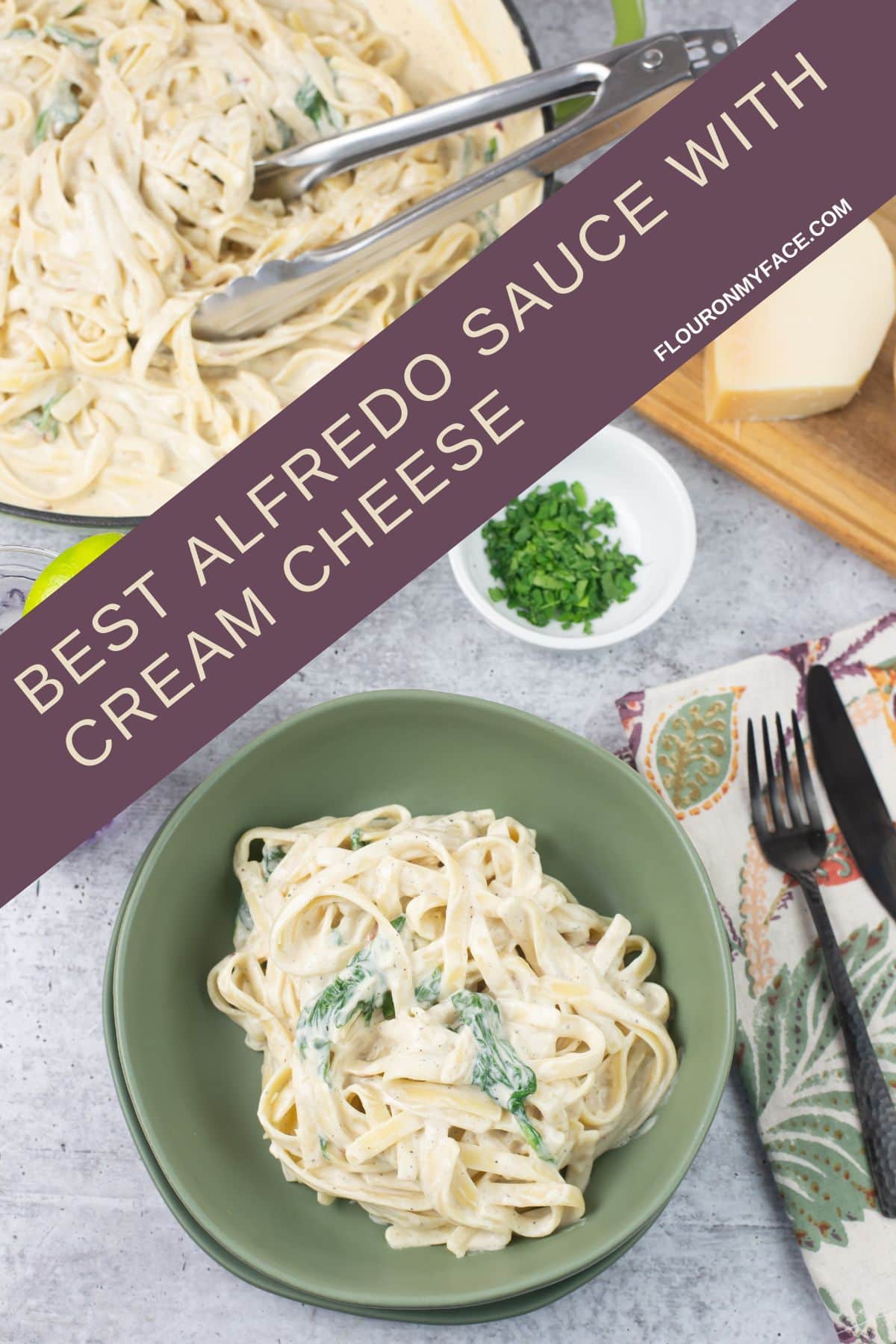 Rich Alfredo Sauce made with cream cheese in a bowl with a skillet in the background.