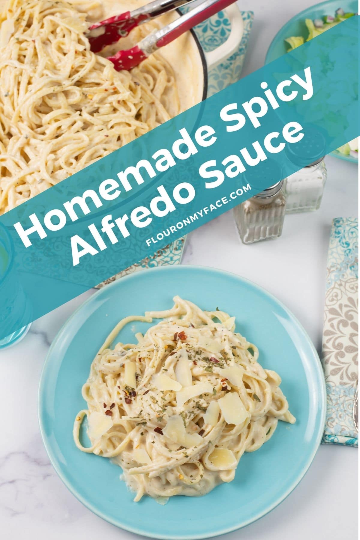 Long vertical image showcasing the finished and plated Spicy Alfredo Sauce recipe.