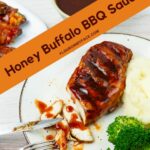 Long vertical image of a serving of grilled chicken glazed with honey buffalo bbq sauce.
