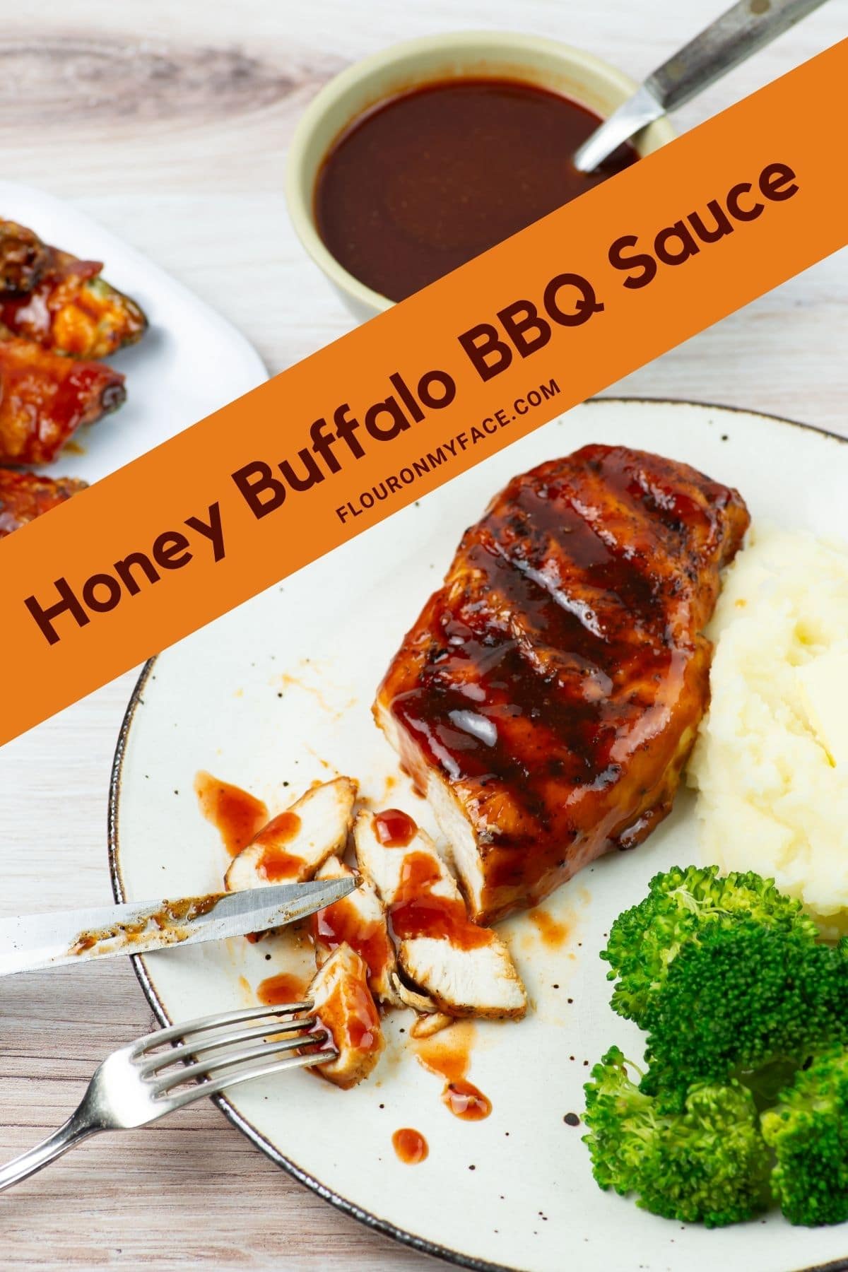 Long vertical image of a serving of grilled chicken glazed with honey buffalo bbq sauce.