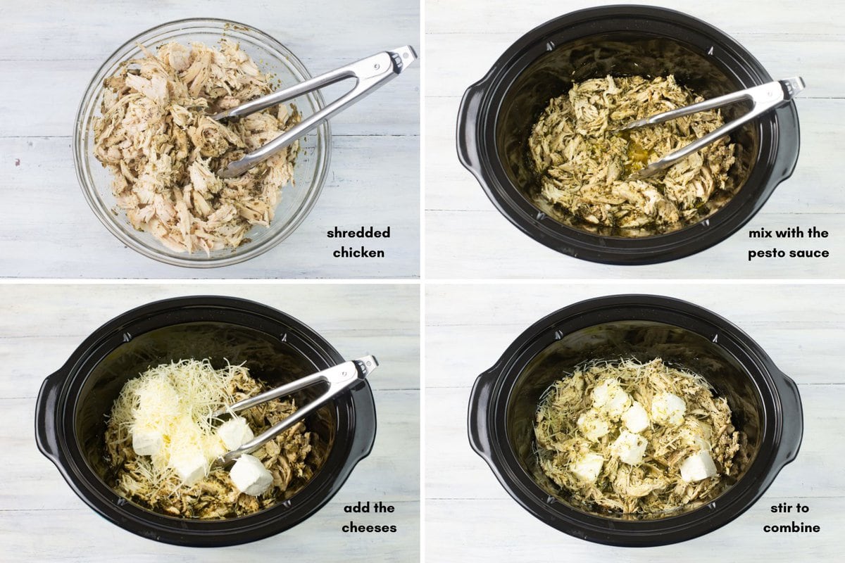 Steps to mixing the pesto chicken and cheeses.