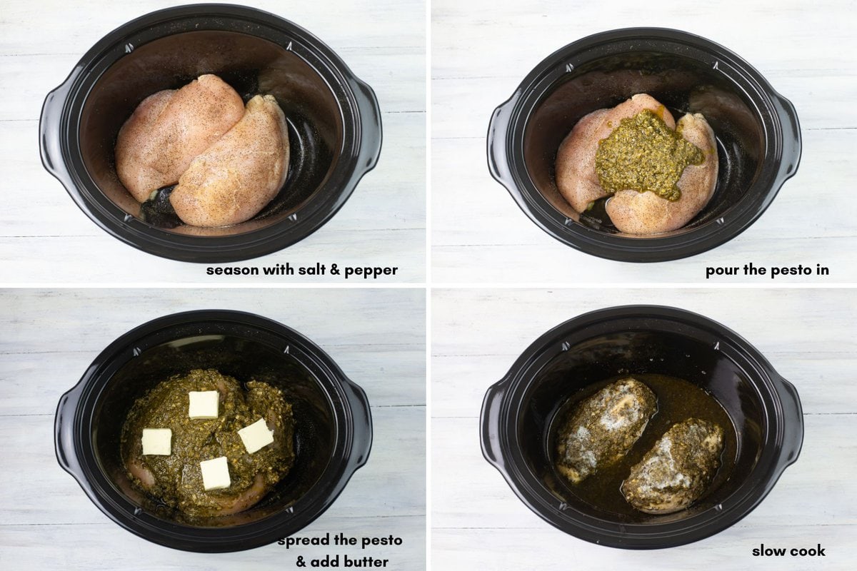 Step by step photos of cooking pesto chicken in a slow cooker.