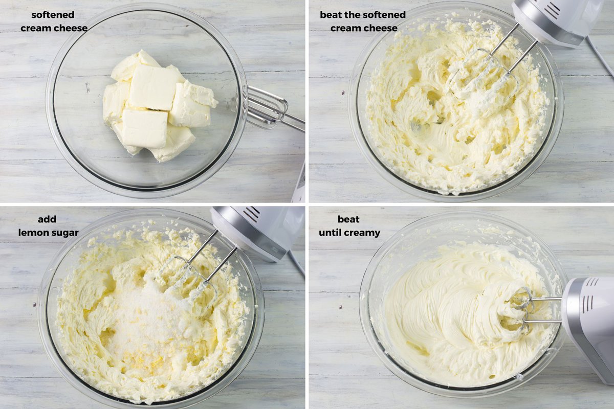 Collage image of beating the cream cheese and lemon sugar together.