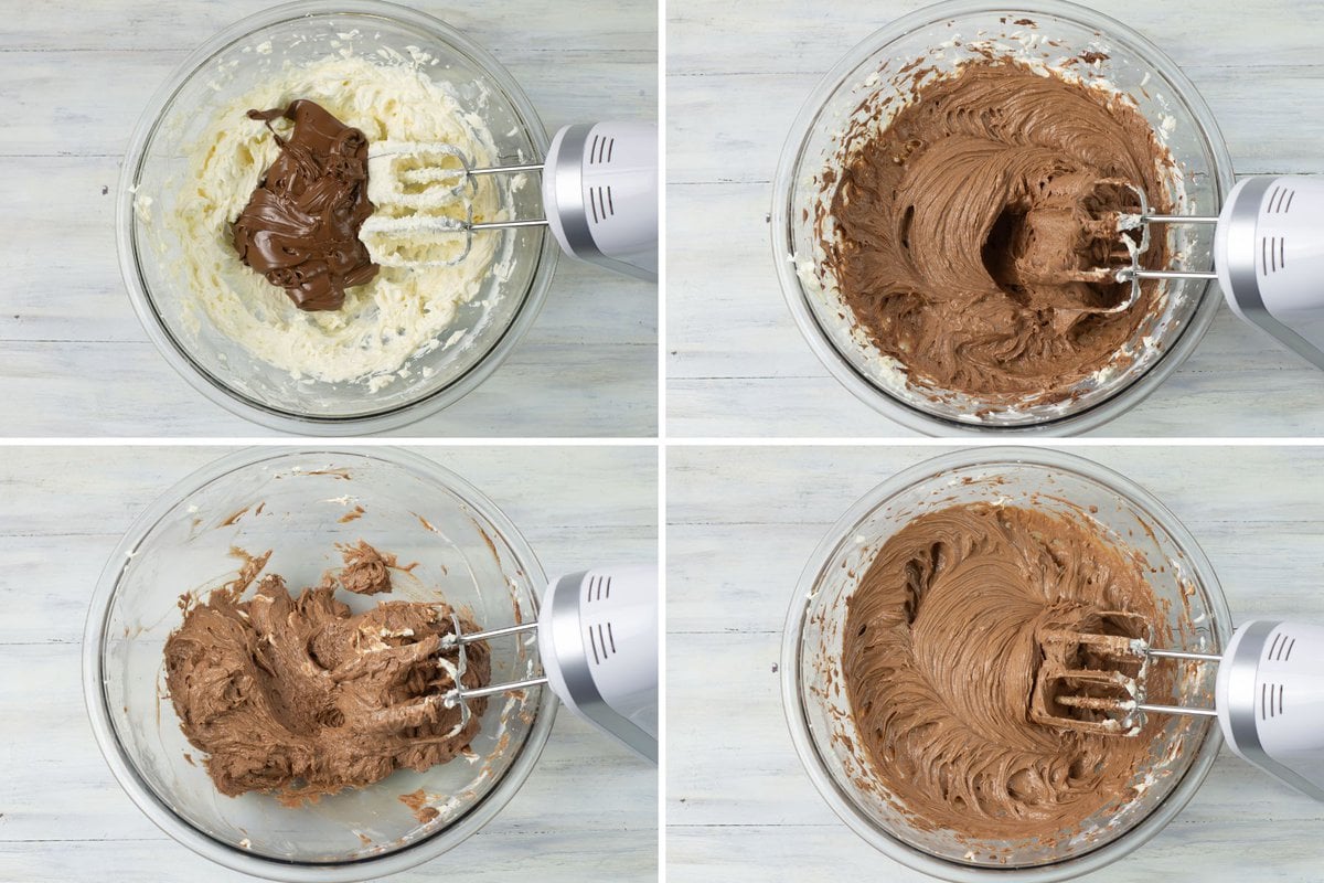 Beating Nutella into cream cheese in a large mixing bowl.
