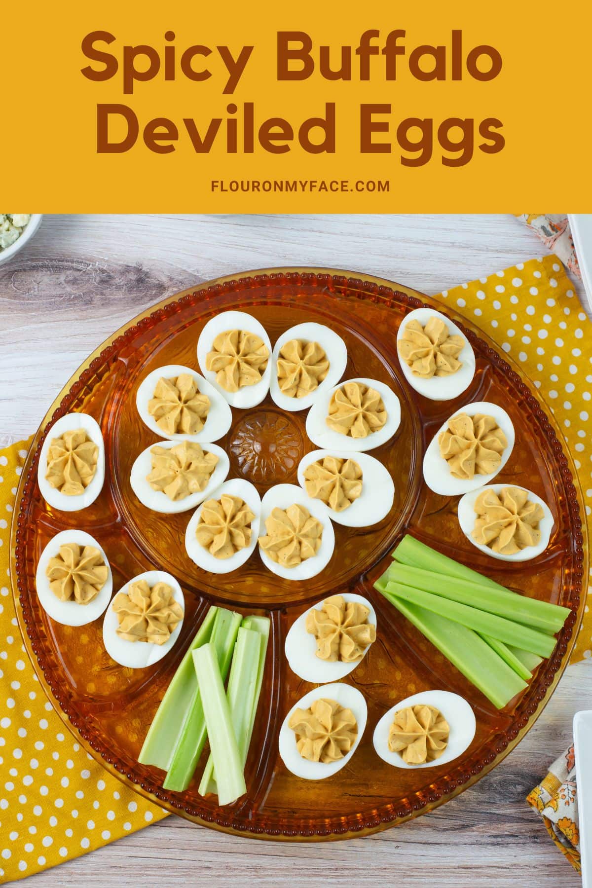 Long vertical image with a featured photo of Buffalo Deviled Eggs.