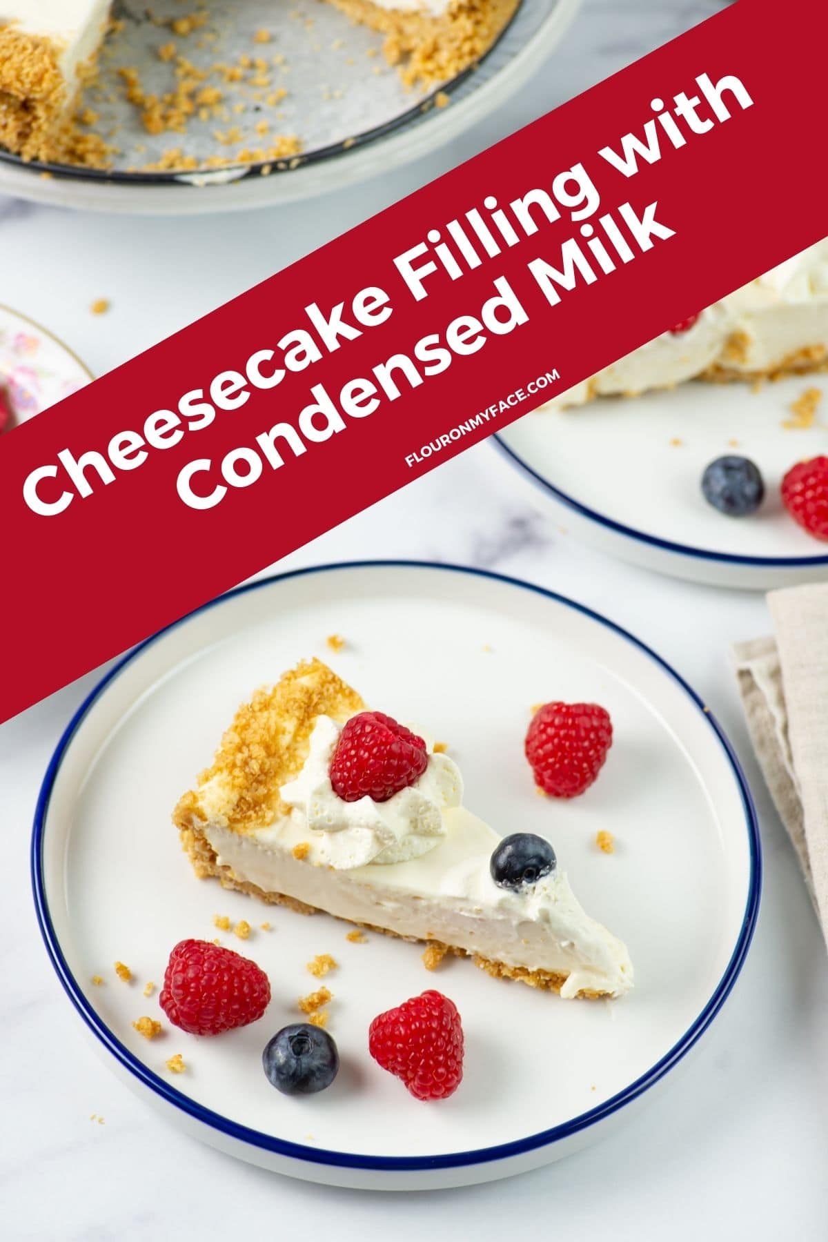 Long vertical image featuring cheesecake filling recipe.