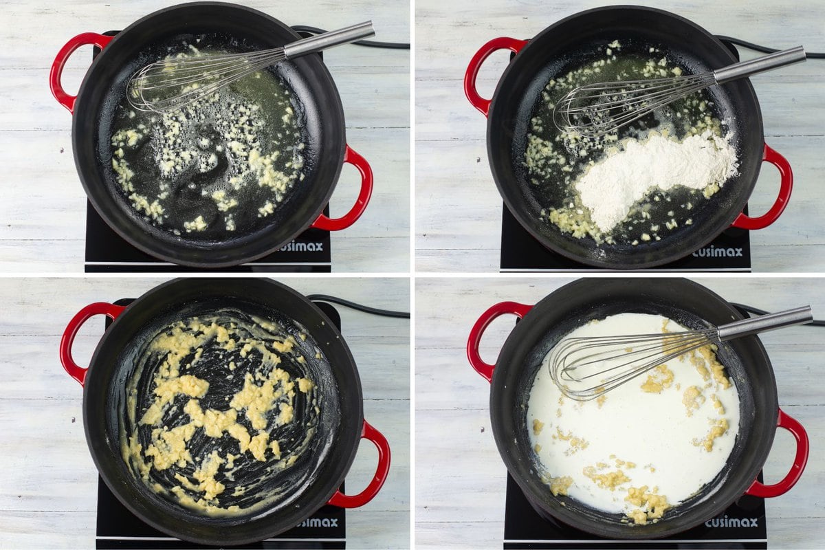 4 images showing how to make a flour roux for alfredosauce.