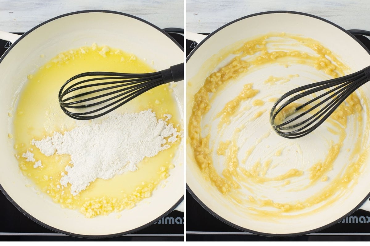 Adding flour to a skillet with melted butter and garlic.