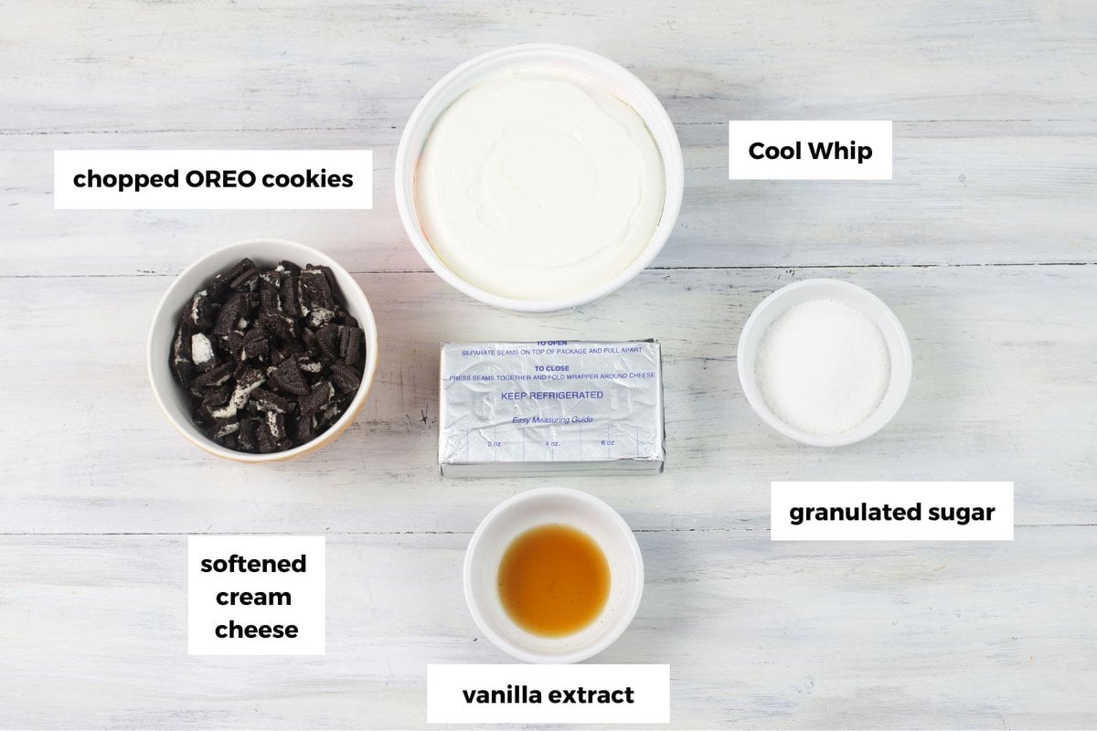 OREO cheesecake filling ingredients measured and in small bowls.