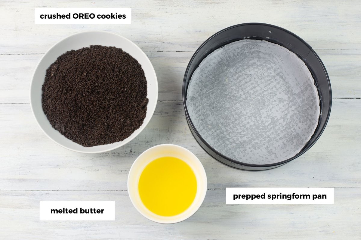 OREO cookie crust ingredients in small bowls.