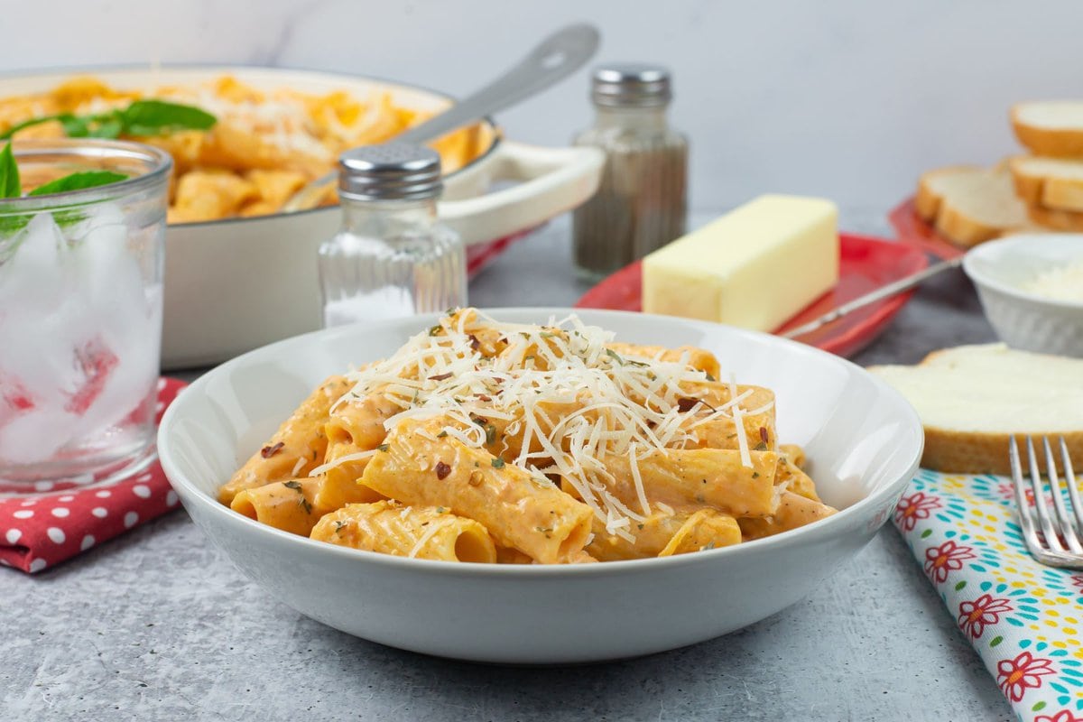 Parma Rosa Pasta Sauce served over Rigatoni and garnished with shredded cheese.