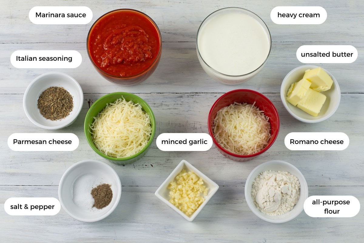 Rosa alfredo sauce ingredients measured out into small bowls.
