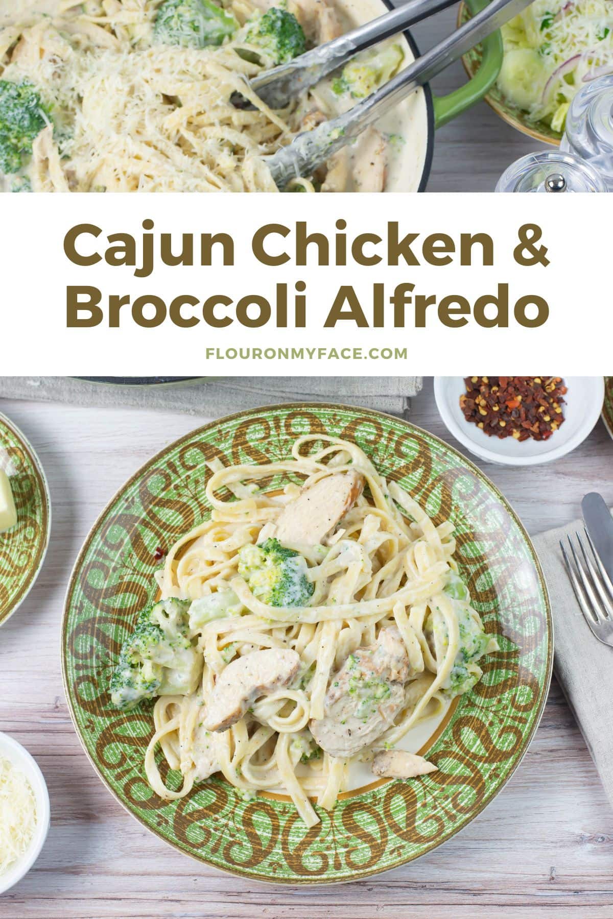 Cajun seasoned chicken and broccoli alfredo served on a green dinner plate.